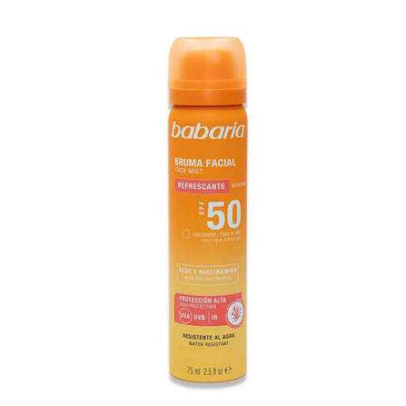 اسپری ضد آفتاب صورت باباریا حاوی SPF 50 و آلوئه ورا و نیاسینامید حجم 75 میل